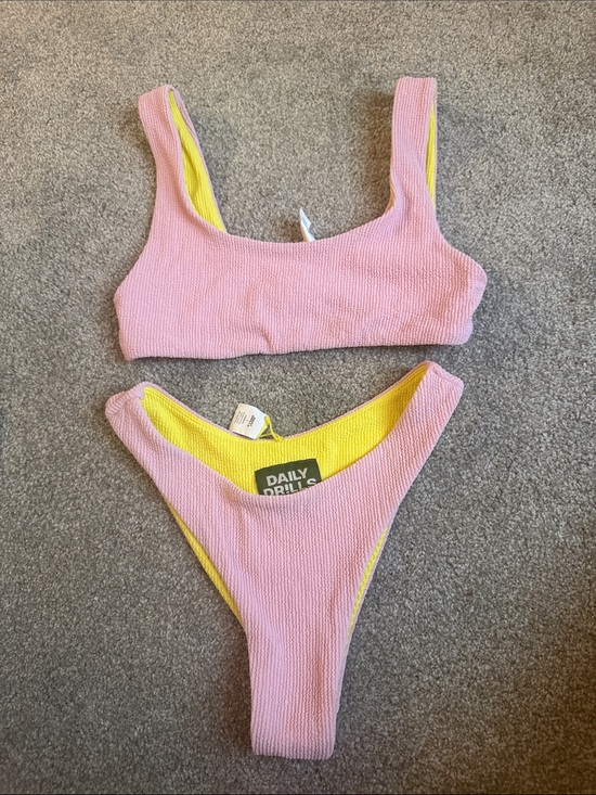 Daily Drills Other - Daily Drills Pink & Yellow Reversible Waffle-Knit Bikini